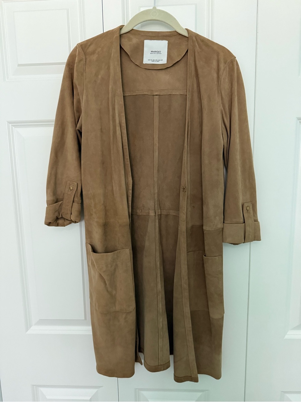 Mango Suede Open-Front Trench Coat in Camel Brown